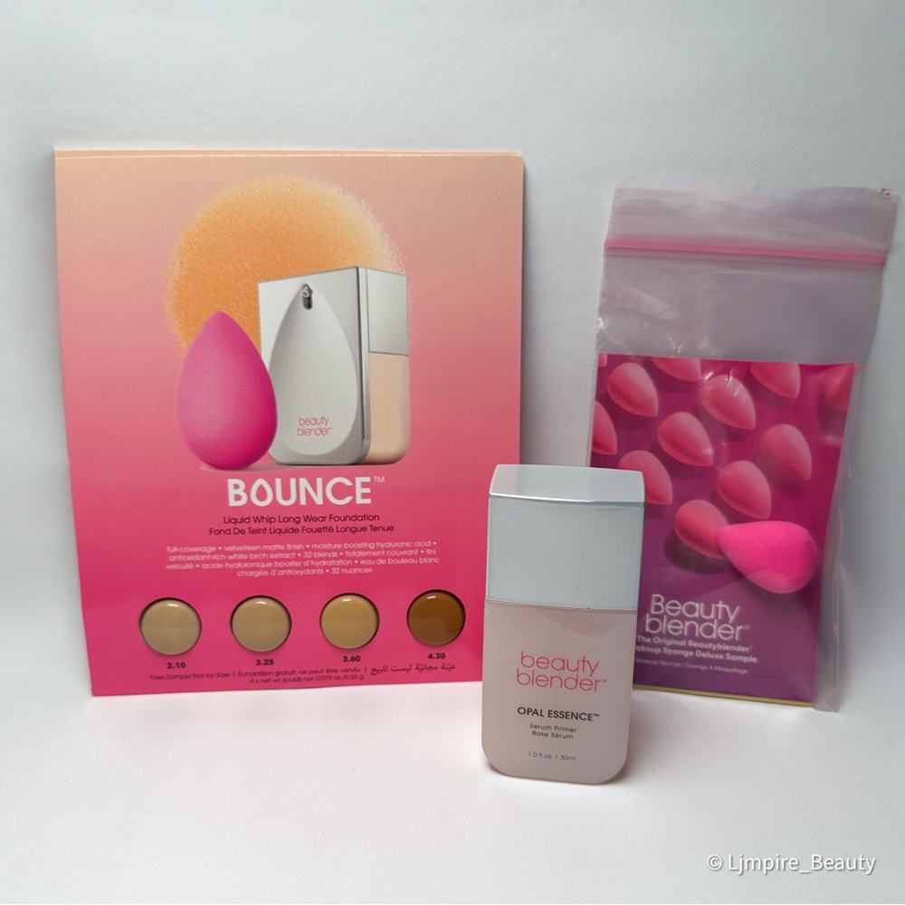 🆕 BEAUTY BLENDER Opal Essence Serum Primer, Foundation Samples & Mini Sponge Set